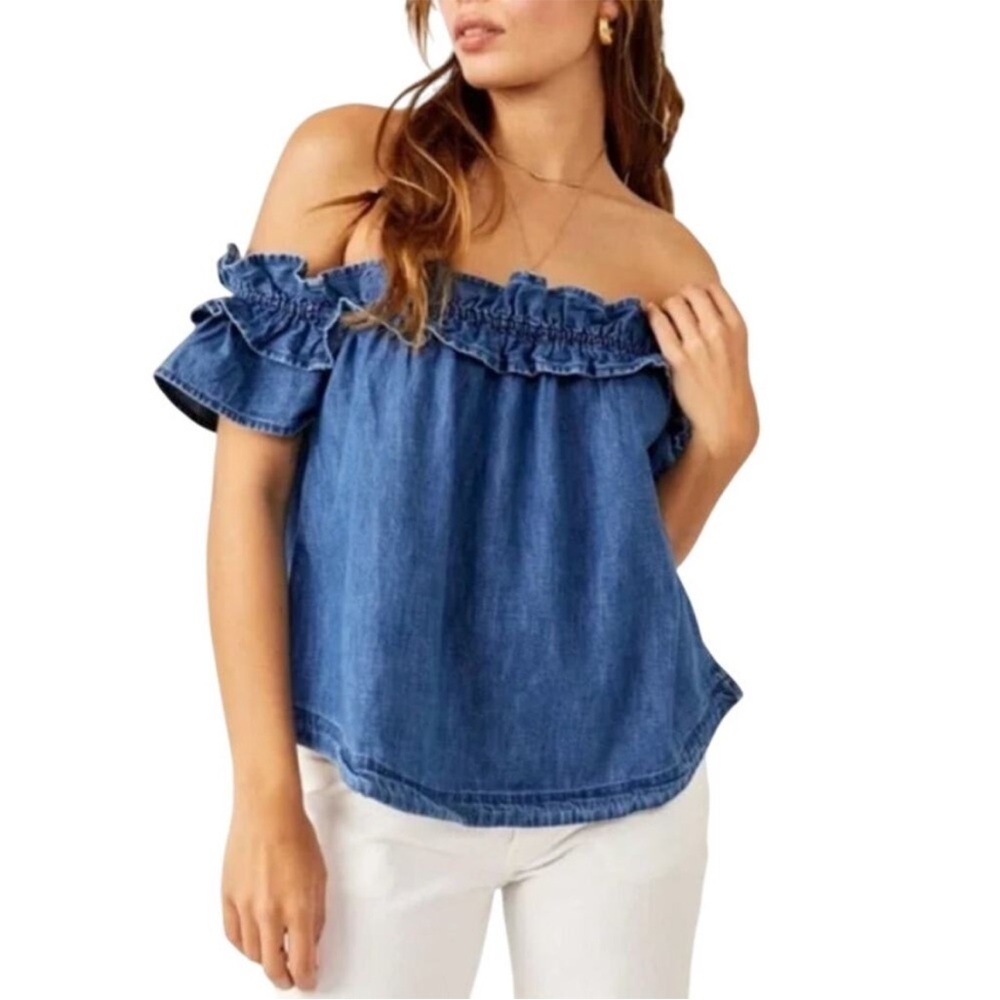 Free People Maxine Denim Off Shoulder Top Blouse M